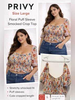 🌸 Privy Floral Smocked Crop Top Size L Puff Sleeve Cottagecore
